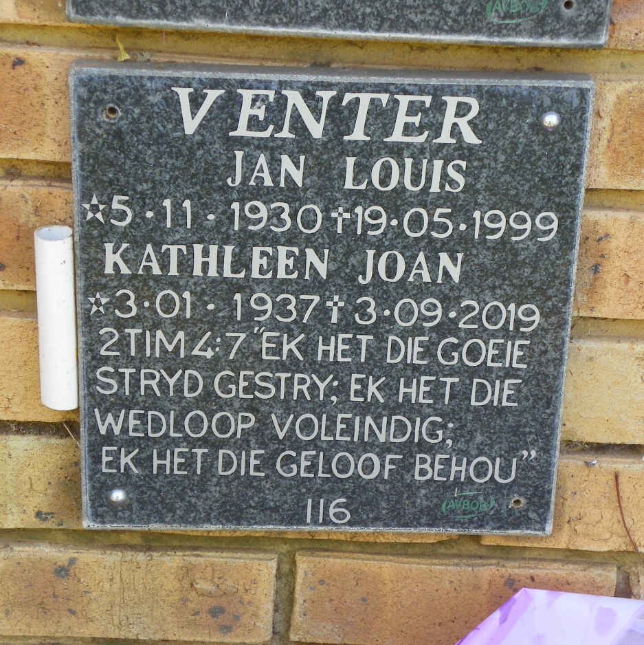 VENTER Jan Louis 1930-1999 &amp; Kathleen Joan 1937-2019