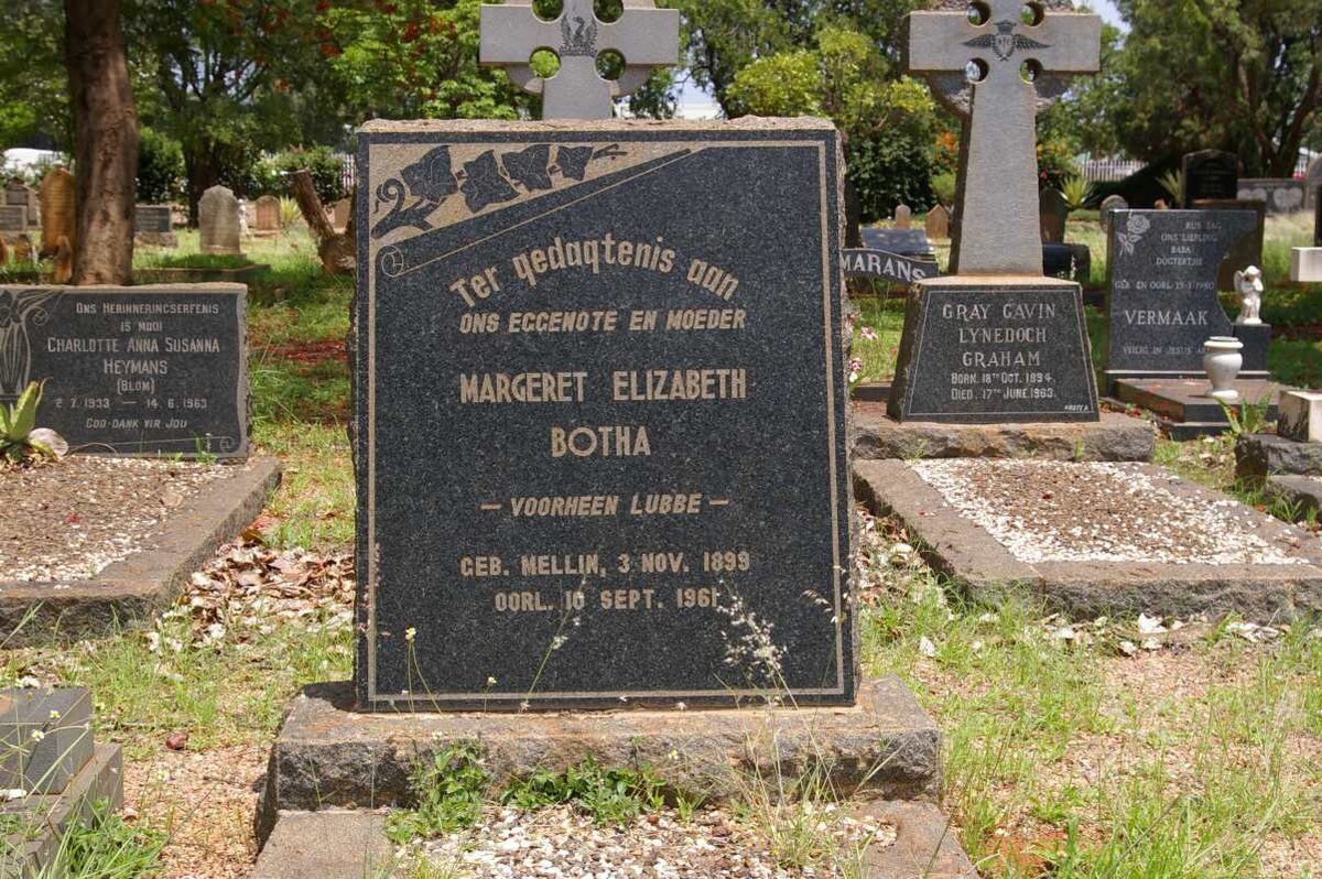 BOTHA Margeret Elizabeth voorheen LUBBE nee MELLIN 1899-1961