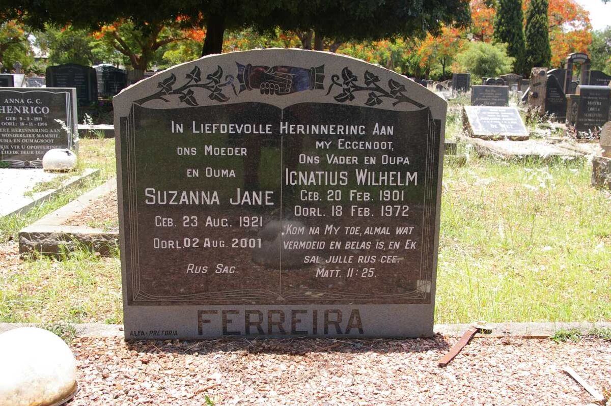 FERREIRA  Ignatius Wilhelm 1901-1972 &amp; Suzanna Jane 1921-2001