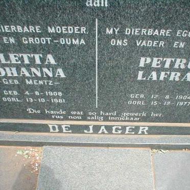 JAGER Petrus Lafras, de 1904-1977 &amp; Aletta Johanna MENTZ 1908-1981