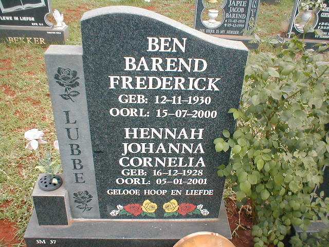 LUBBE Ben Barend Frederick 1930-2000 &amp; Hannah Johanna Cornelia 1928-2001
