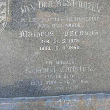 WESTHUIZEN Matheus Jacobus, van der 1878-1968 &amp; Johanna Christina DE BEER 1889-1951