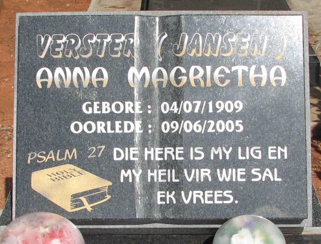 VERSTER Anna Magrietha nee JANSEN 1909-2005