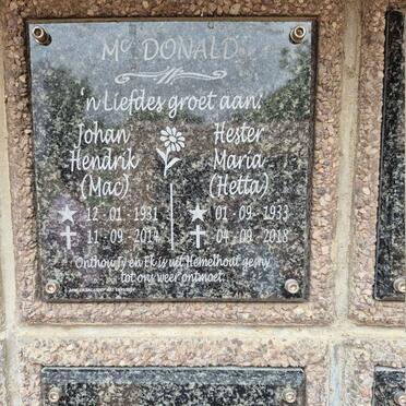 MCDONALD Johan Hendrik 1931-2014 & Hester Maria 1933-2018