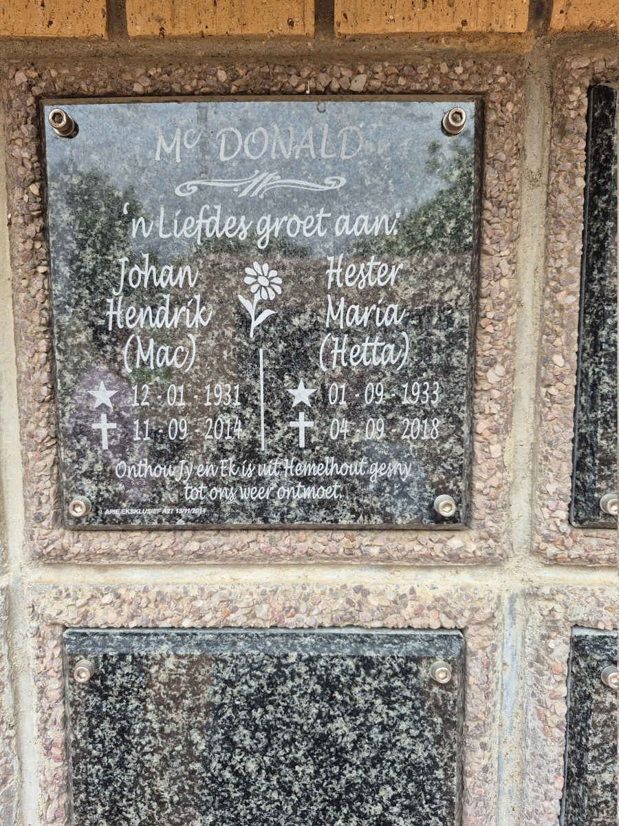 MCDONALD Johan Hendrik 1931-2014 & Hester Maria 1933-2018