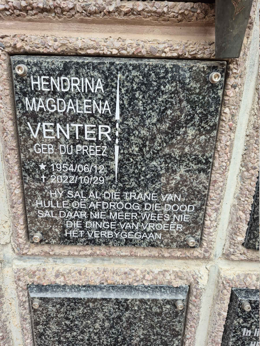 VENTER Hendrina Magdalena DU PREEZ 1954-2022