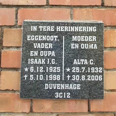 DUVENHAGE Isaak J.G. 1925-1998 & Alta C. 1932-2006