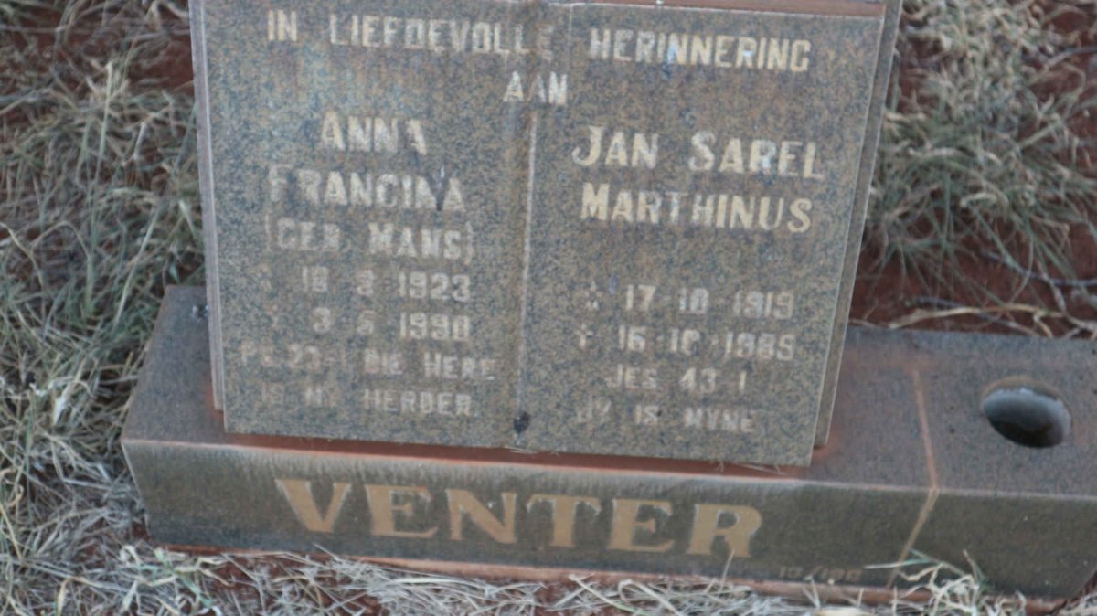 VENTER Jan Sarel Marthinus 1919-1985 &amp; Anna Francina MANS 1923-1990