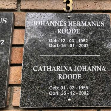 ROODE Johannes Hermanus 1952-2007 &amp; Catharina Johanna 1955-2002