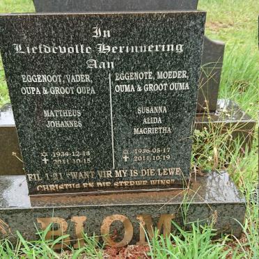 BLOM Mattheus Johannes 1934-2011 &amp; Susanna Alida Magrietha 1936-2011