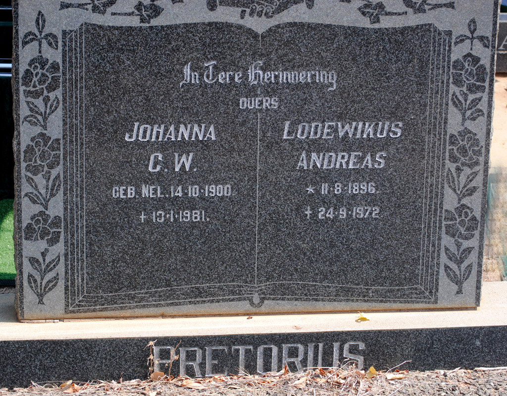 PRETORIUS Lodewikus Andreas 1896-1972 &amp; Johanna C.W. NEL 1900-1981
