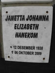 HANEKOM Janetta Johanna Elizabeth 1938-2009