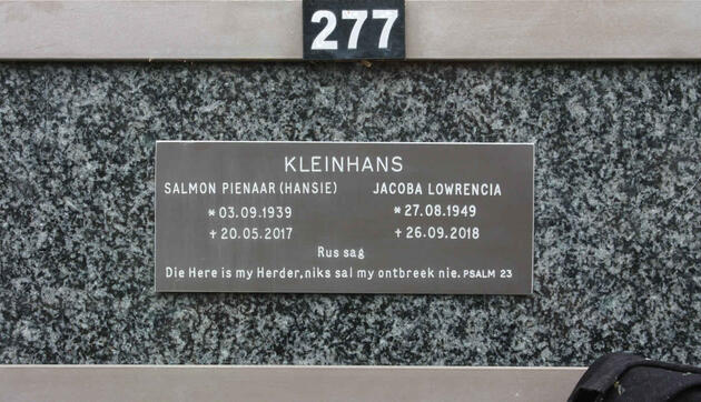 KLEINHANS Salmon Pienaar 1939-2017 & Jacoba Lowrencia 1949-2018