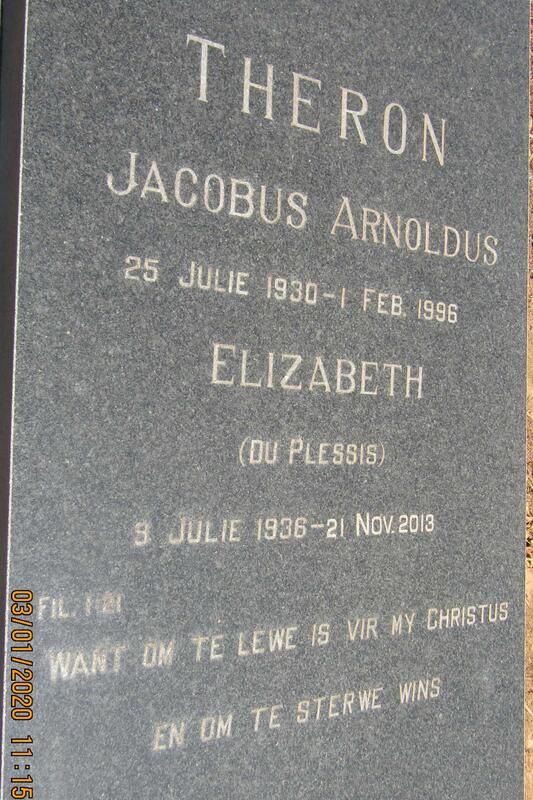 THERON Jacobus Arnoldus 1930-1996 & Elizabeth DU PLESSIS 1936-2013