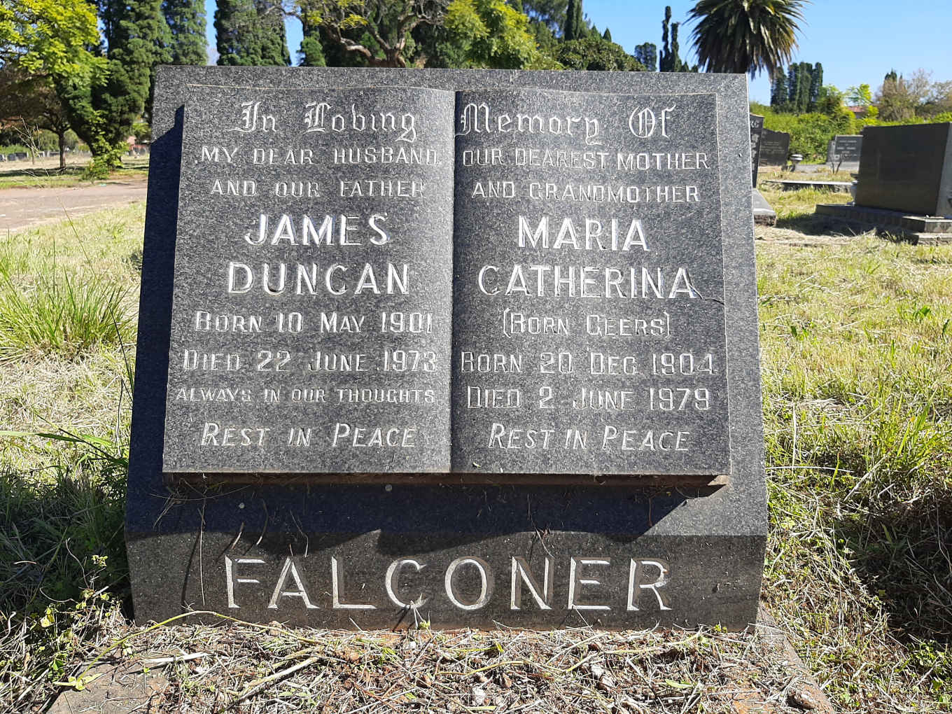 FALCONER James Duncan 1901-1973 & Maria Catherina GEERS 1904-1979