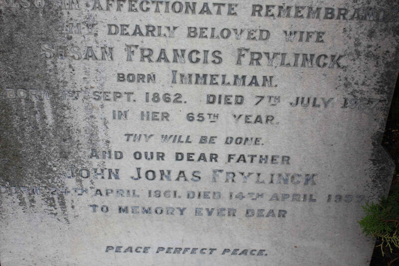 FRYLINCK  John Jonas 1861-1937 & Susan Francis IMMELMAN 1862-1927