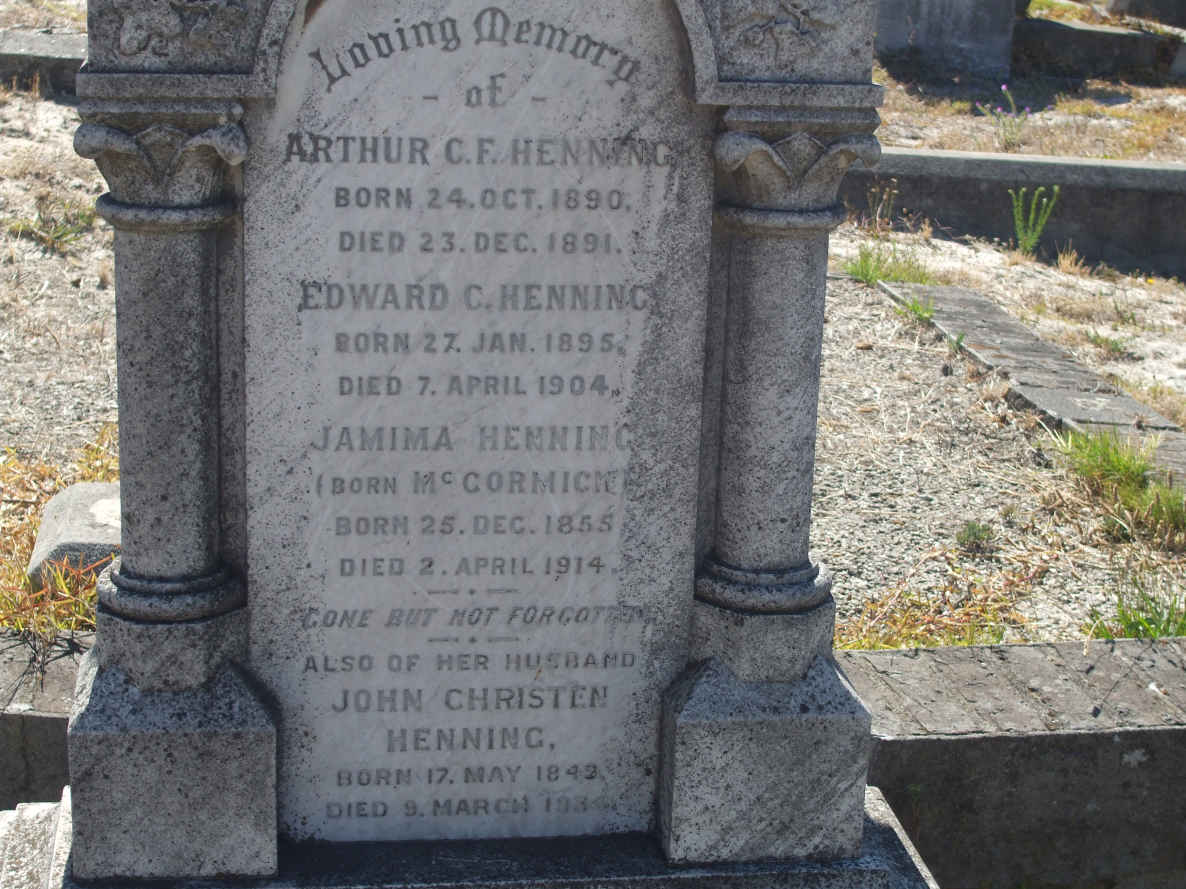 HENNING John Christen 1842-1934 & Jamima McCORMICK 1855-1914 :: HENNING Arthur C.F.1890-1891 :: HENNING Edward C.1895-1904