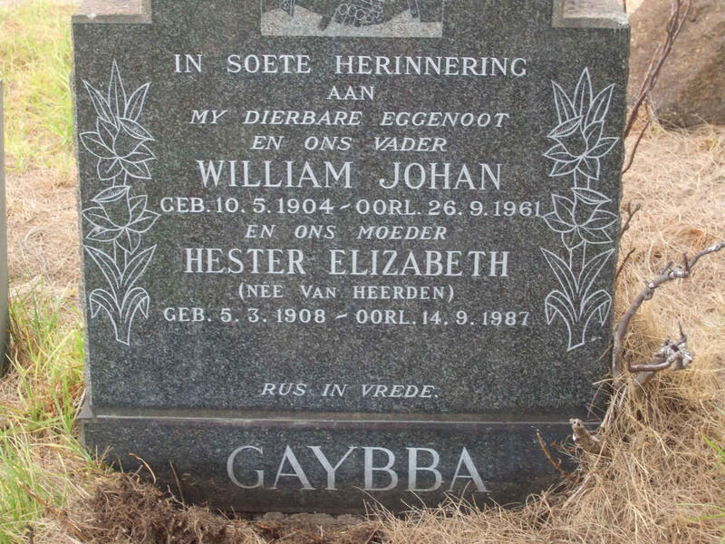 GAYBBA William Johan 1904-1961 & Hester Elizabeth VAN HEERDEN 1908-1987