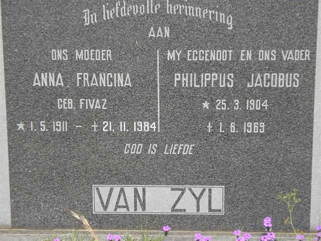 ZYL Philippus Jacobus, van 1904-1969 & Anna Francina FIVAZ 1911-1984