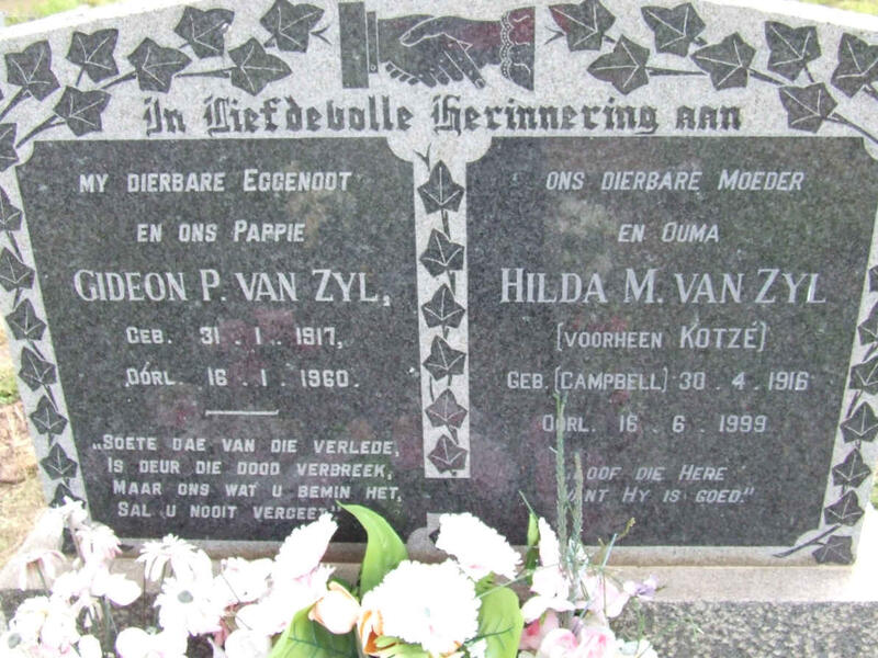 ZYL Gideon P., van 1917-1960 & Hilda M formerly KOTZÉ nee CAMPBELL 1916-1999