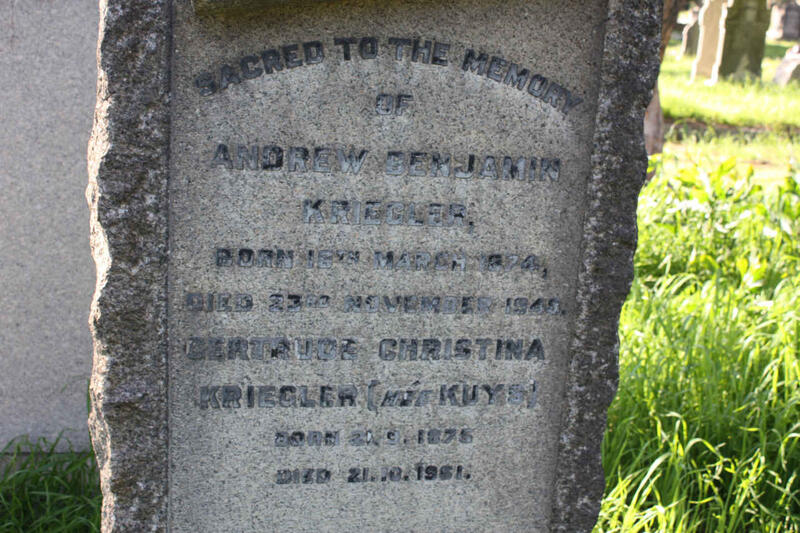 KRIEGLER Andrew Benjamin 1874-1943 & Gertrude Christina KUYS 1875-1961