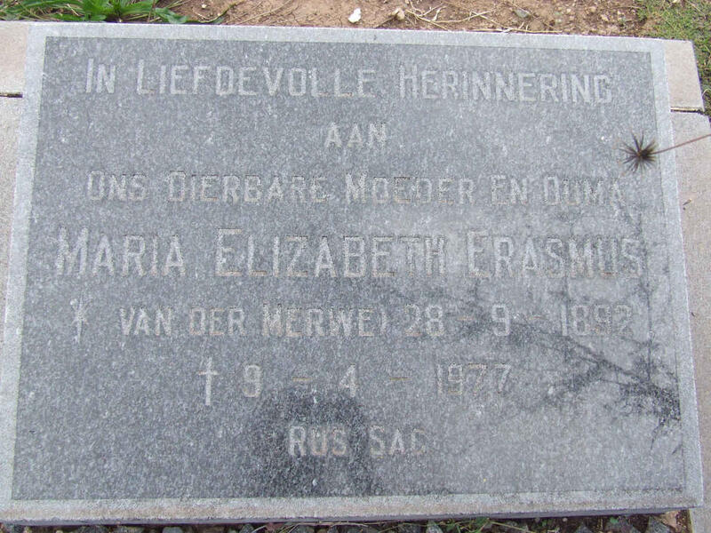 ERASMUS Maria Elizabeth, nee VAN DER MERWE 1892-1977