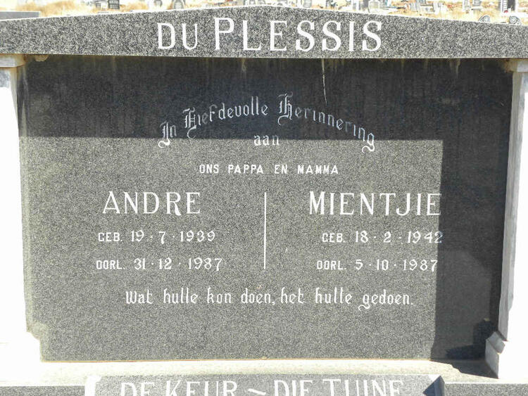 PLESSIS Andre, du 1939-1987 & Mientjie 1942-1987