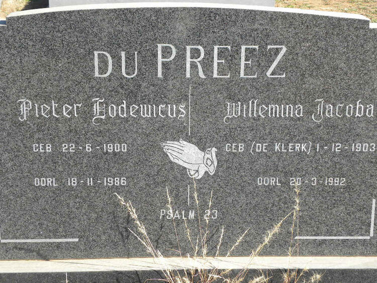 PREEZ Pieter Lodewicus, du 1900-1986 & Willemina Jacoba DE KLERK 1903-1992