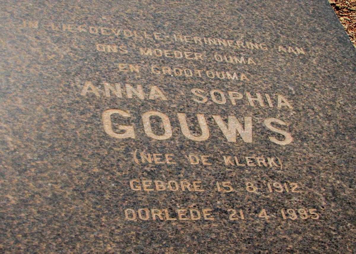 GOUWS Anna Sophia nee DE KLERK 1912-1995