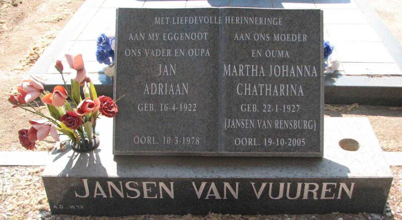 VUUREN Jan Adriaan, Jansen van 1922-1978 & Martha Johanna Chatharina JANSEN VAN RENSBURG 1927-2005