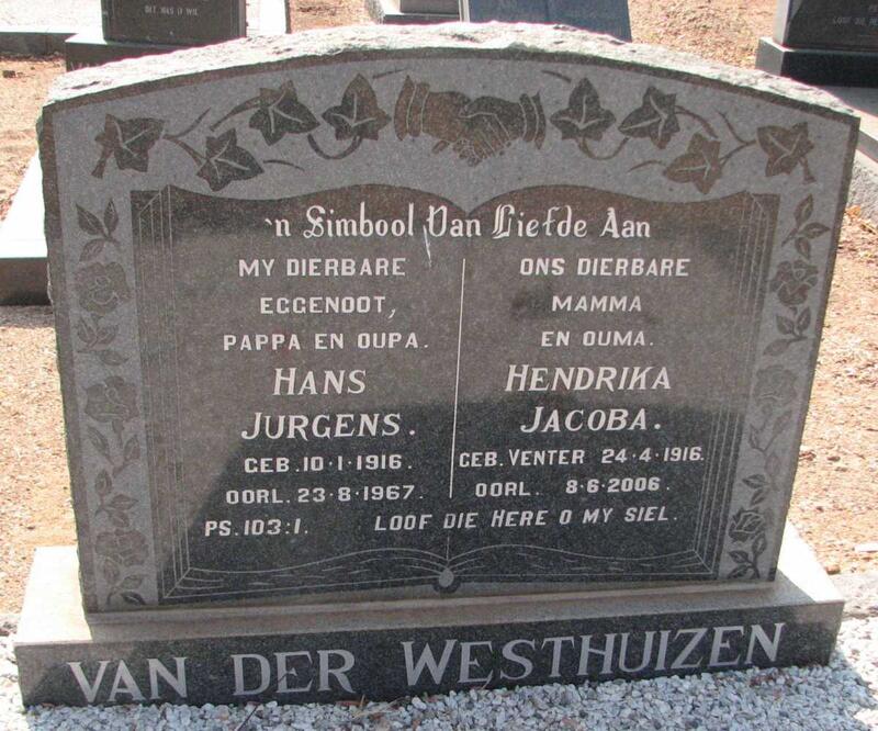 WESTHUIZEN Hans Jurgens, van der 1916-1967 & Hendrika Jacoba VENTER 1916-2006