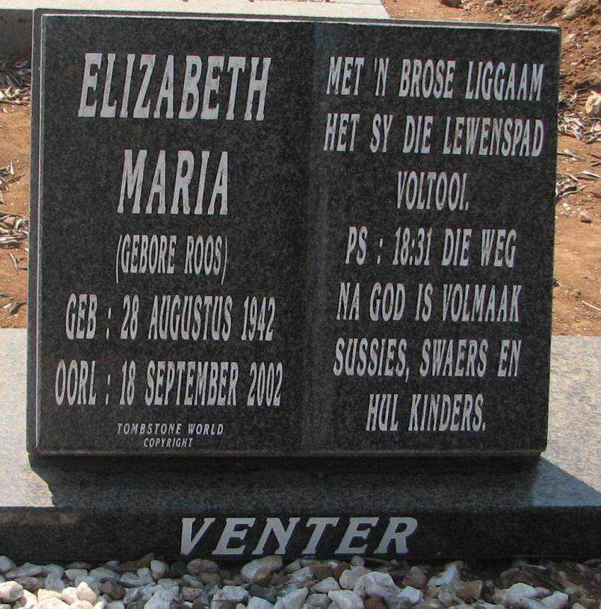 VENTER Elizabeth Maria nee ROOS 1942-2002