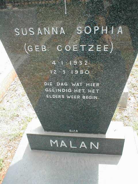 MALAN Susanna Sophia nee COETZEE 1932-1980
