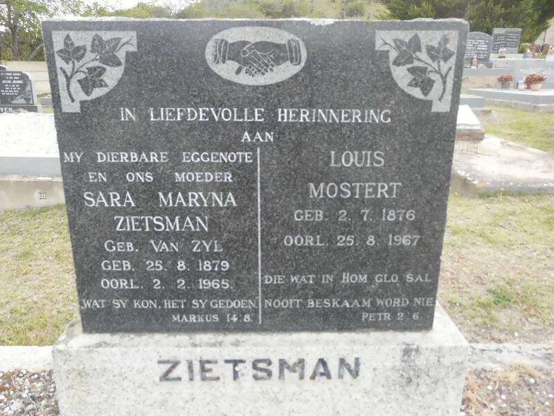 ZIETSMAN Louis Mostert 1876-1967 & Sara Maryna VAN ZYL 1879-1965