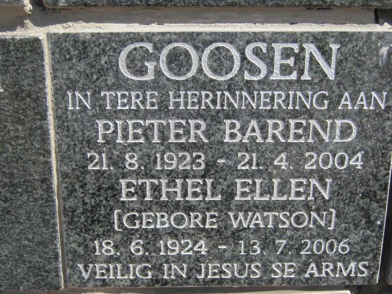 GOOSEN Pieter Barend 1923-2004 & Ethel Ellen WATSON 1924-2006