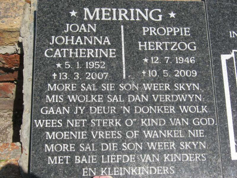 MEIRING Proppie Hertzog 1946-2009 & Joan Johanna Catherine 1952-2007