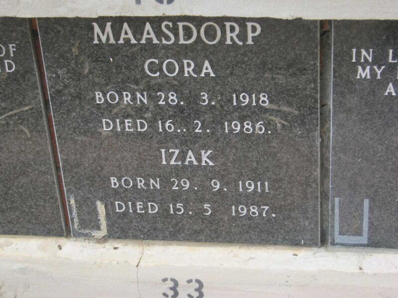 MAASDORP Izak 1911-1987 & Cora 1918-1986