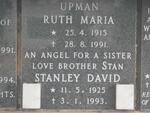 UPMAN Stanley David 1925-1993 & Ruth Maria 1915-1991