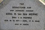 MERWE Anna M., van der nee VAN DER MERWE 1871-1942