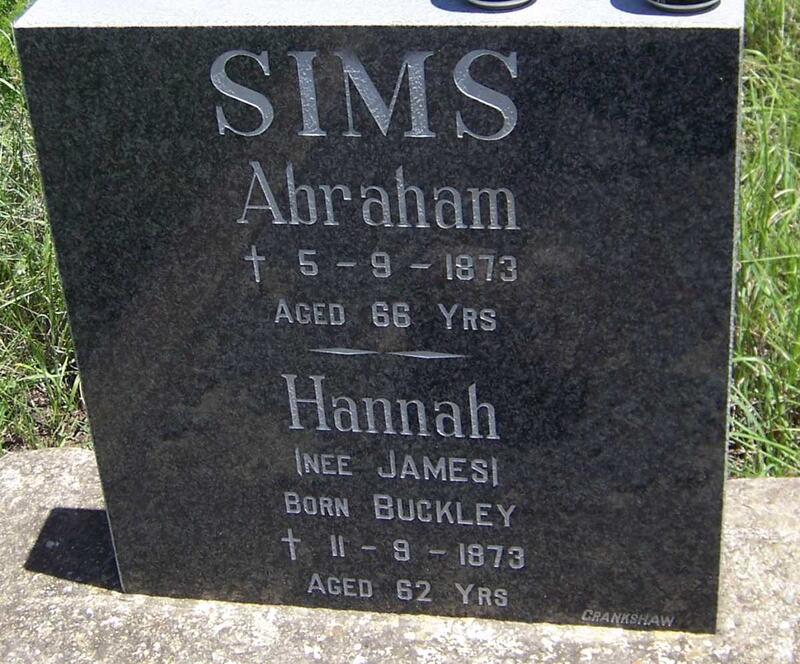 SIMS Abraham -1873 & Hannah nee JAMES nee BUCKLEY -1873