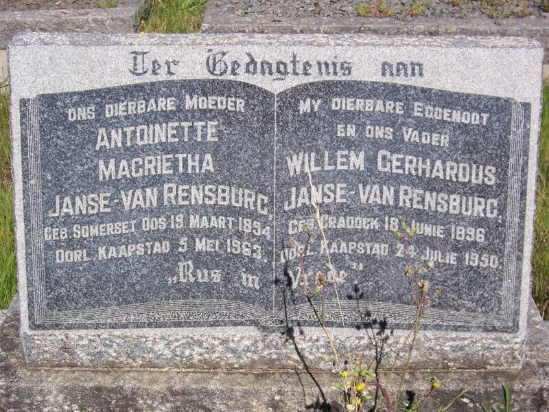 RENSBURG Willem Gerhardus, Janse van 1896-1950 & Antoinette Magrietha 1894-1963