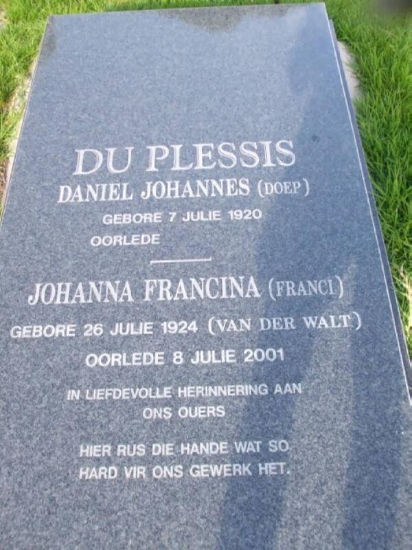 PLESSIS Daniel Johannes, du 1920-  & Johanna Francina VAN DER WALT 1924-2001