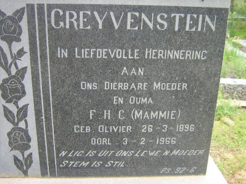 GREYVENSTEIN F.H.C. nee Olivier 1896-1966