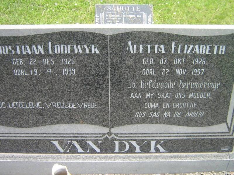 DYK Christiaan Lodewyk, van 1926-1999 & Aletta Elizabeth 1926-1997