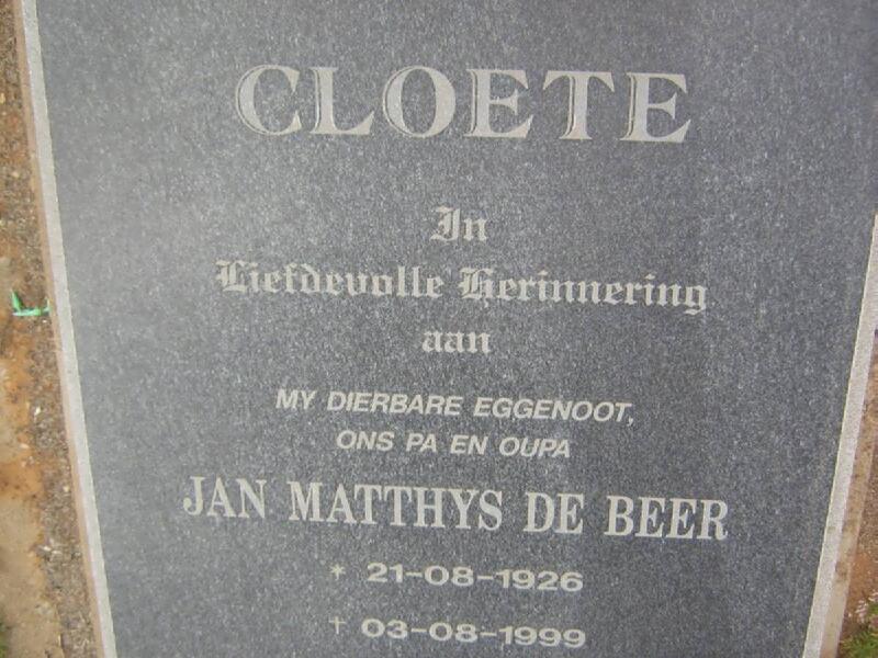 CLOETE Jan Matthys de Beer 1926-1999