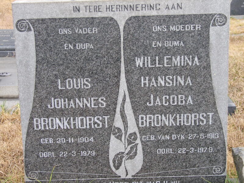 BRONKHORST Louis Johannes 1904-1979 & Willemina Hansina Jacoba VAN DYK 1913-1979