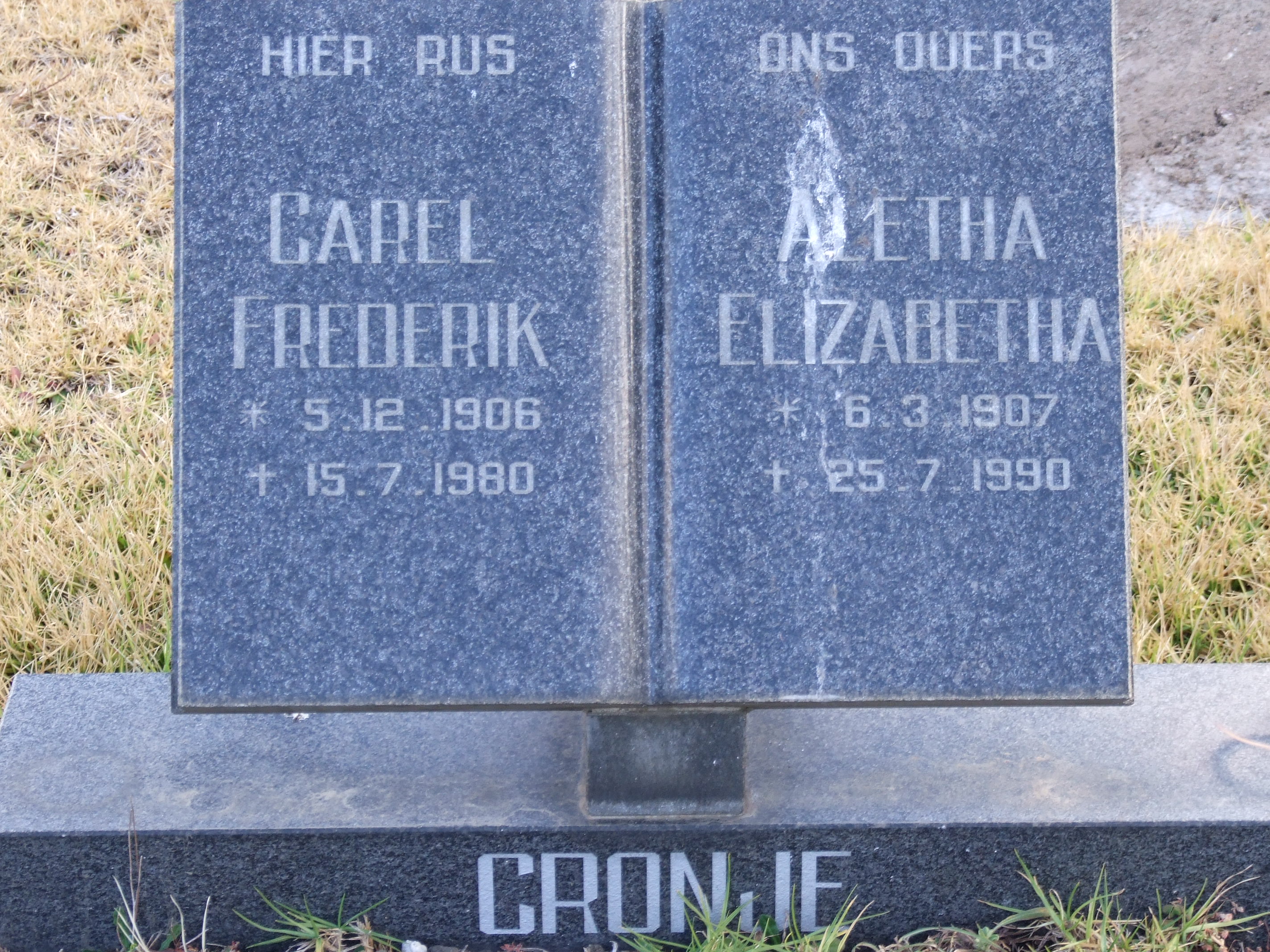 CRONJE Carel Frederik 1906-1980 & Aletha Elizabetha 1907-1990
