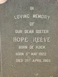 REEVE Hope nee DE KOCK 1922-1965