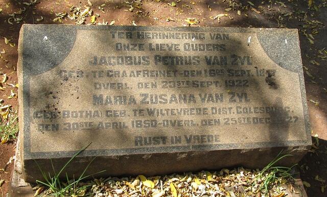 ZYL Jacobus Petrus, van 1847-1922 & Maria Zusana BOTHA 1850-1927