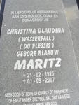 MARITZ Christina Glaudina formely WASSERFALL formerly DU PLESSIS nee BLAAUW 1925-2007